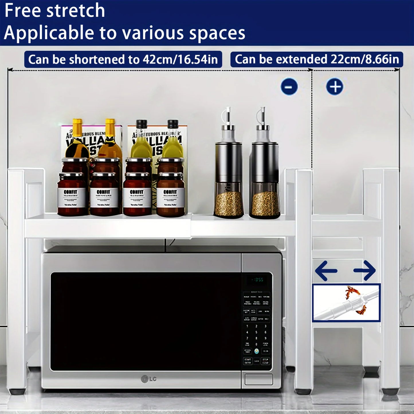 Expandable Microwave Shelf 40-64cm with 6 Hooks Kitchen Storage Rack