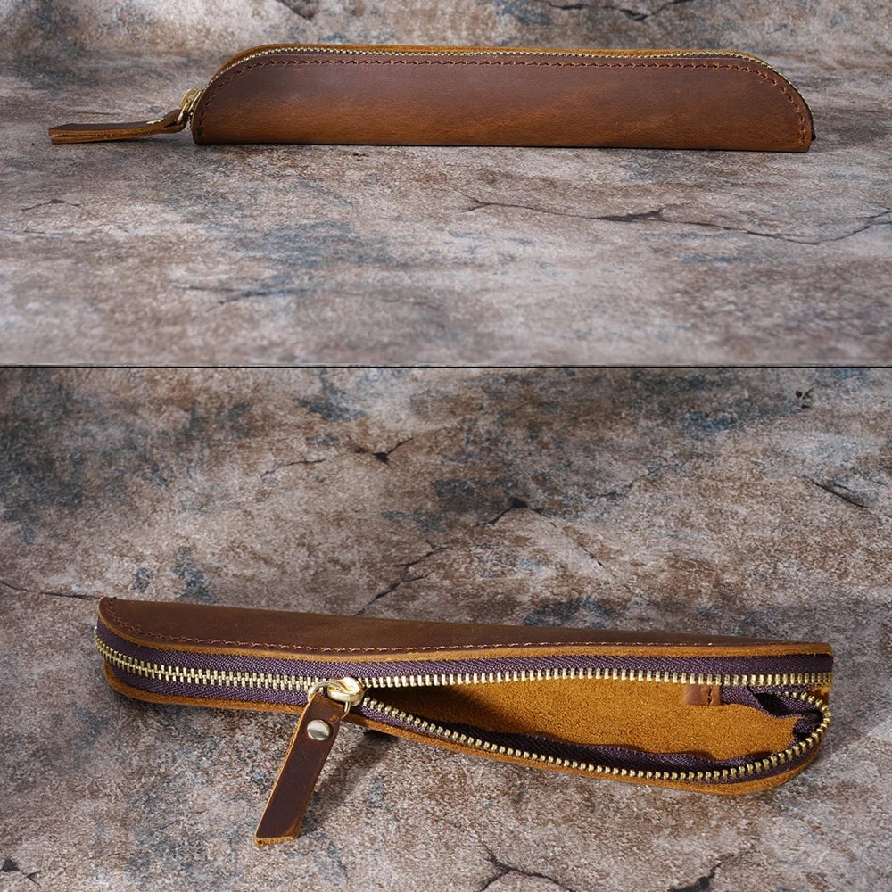 Handmade Cowhide Leather Single Pen Case Travel Protective Sheath