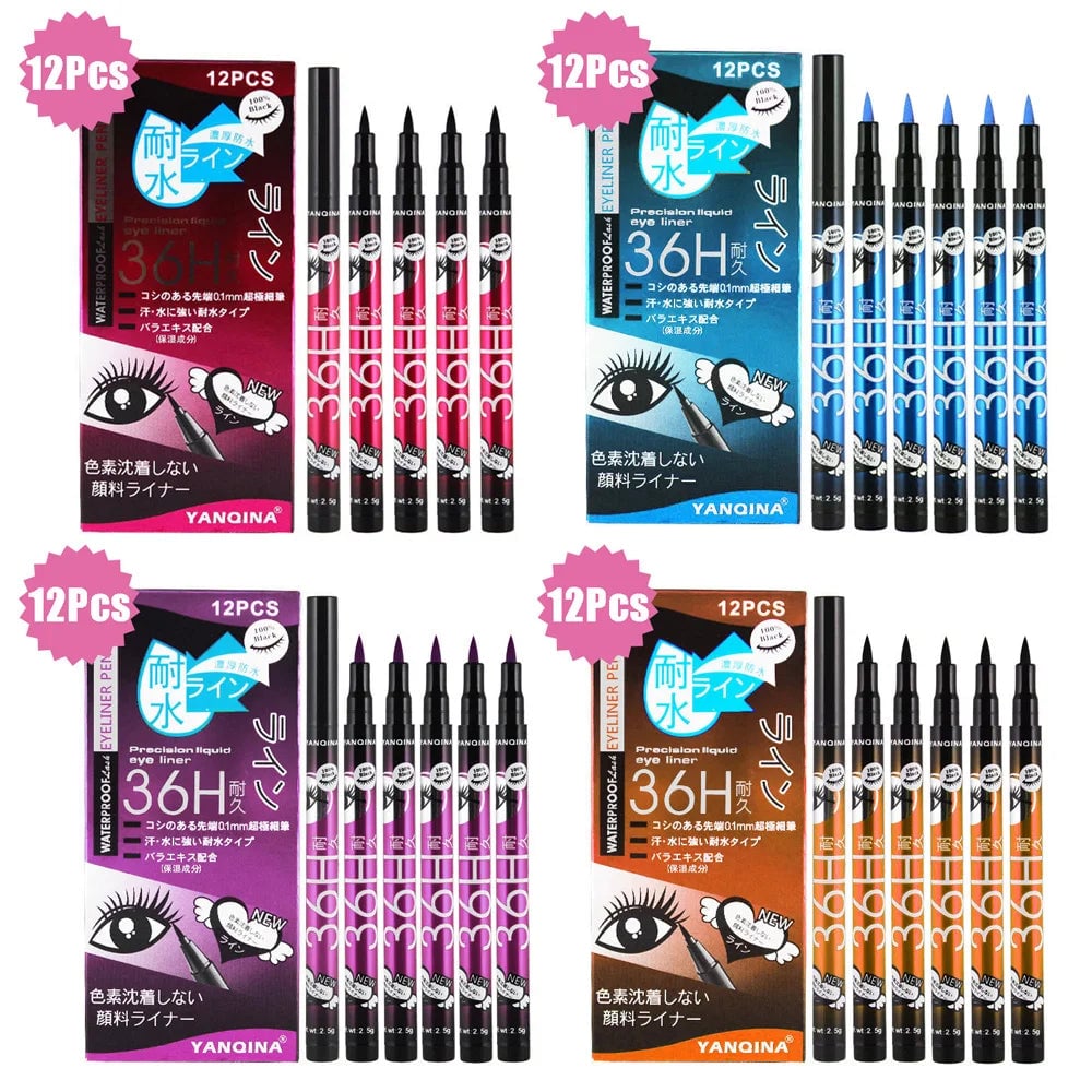 12 Pcs Waterproof Long Lasting Liquid Eyeliner Set Black Brown Blue