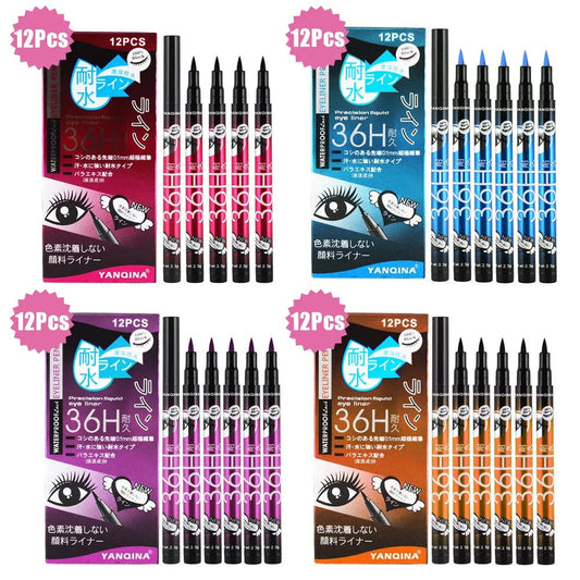 12 Pcs Waterproof Long Lasting Liquid Eyeliner Set Black Brown Blue