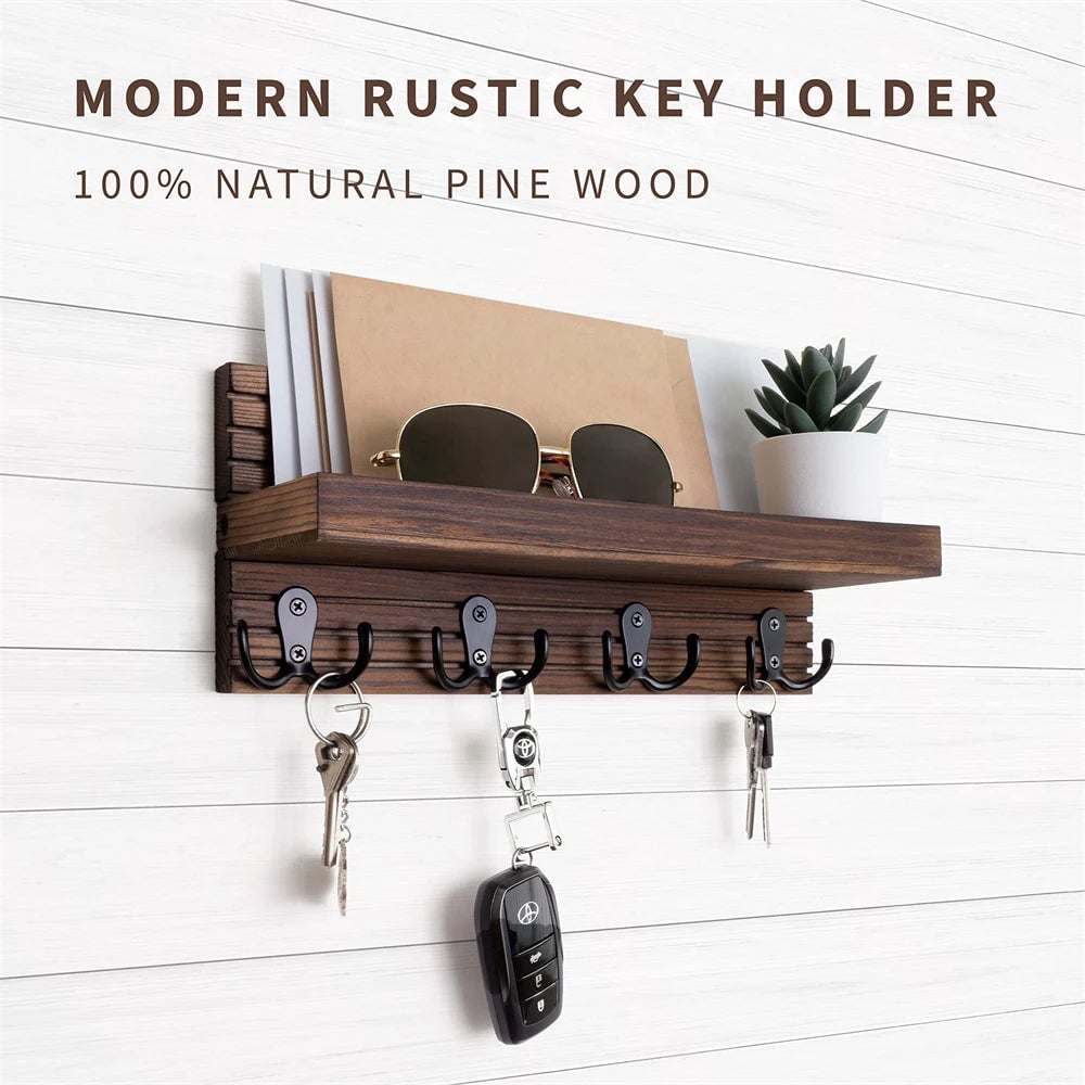Wooden Wall Mount Key Holder Mail Organizer 4 Hooks Rustic Entryway