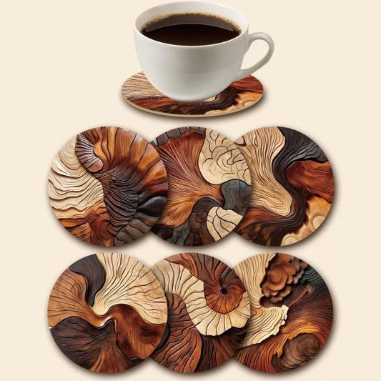 Wooden Coasters Set of 6 - Swirl Pattern Coffee Tea Bar Decor