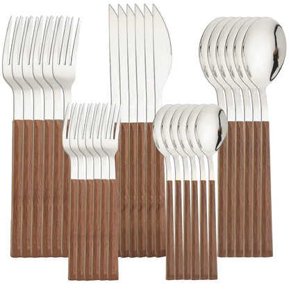 30-Piece Stainless Steel Flatware Set with Wooden Handles