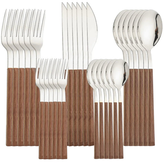 30-Piece Stainless Steel Flatware Set with Wooden Handles