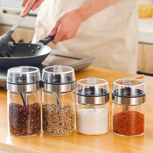 Clear Glass Spice Jars with Airtight Lids & Spoons - Mini Storage Set