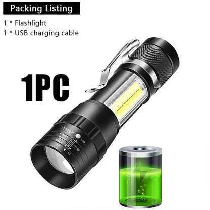 USB Rechargeable Mini Flashlight COB+XPE LED 3-Mode Zoomable Torch