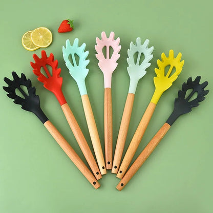 Wooden Handle Silicone Pasta Claw Non-Stick Spaghetti Strainer Tool
