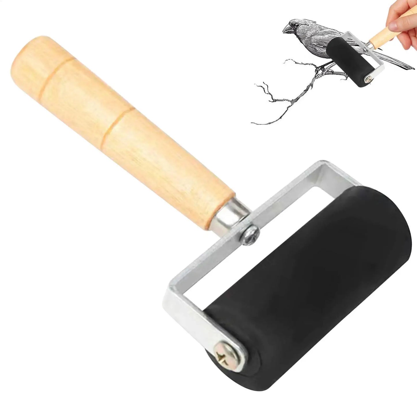Rubber Roller Craft Tool - Wooden Handle Paint Roller for Printing