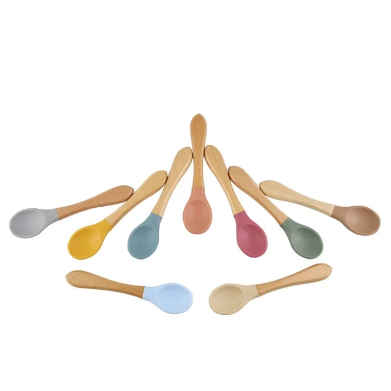 BPA Free Silicone Baby Spoon Fork Set - Wooden Handle Feeding