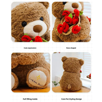 Plush Teddy Bear with Roses Stuffed Soft Toy Romantic Decor Gift