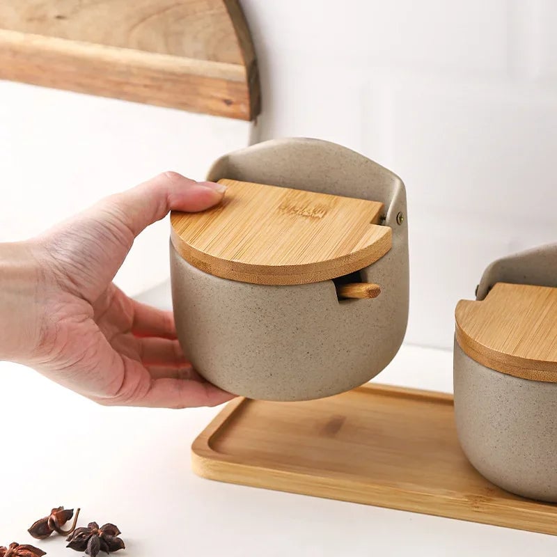 Japanese Ceramic Spice Jar with Bamboo Lid & Spoon - Kitchen Storage