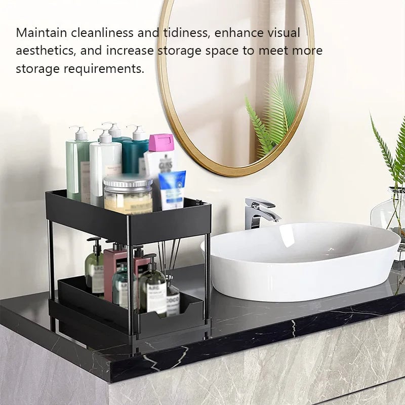 2-Tier Pull Out Cabinet Organizer with Hooks - Kitchen Bathroom