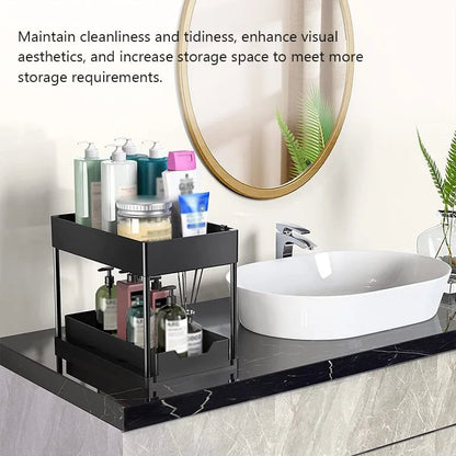 2-Tier Pull Out Cabinet Organizer with Hooks - Kitchen Bathroom