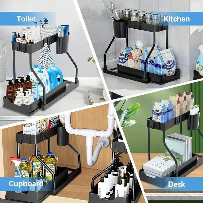 2 Tier Pull Out Under Sink Organizer Cabinet Storage Shelf Hooks