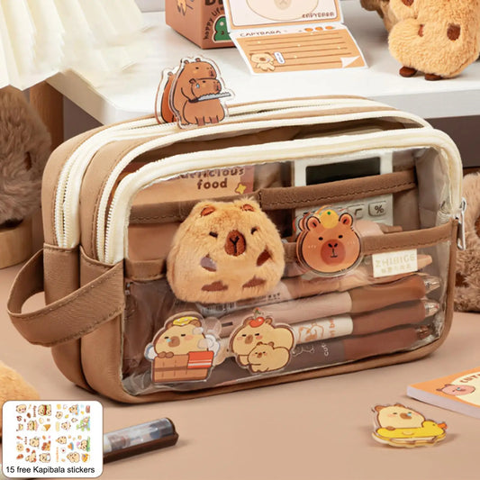 Layered Capybara Canvas Pencil Case Set - Multi-Compartment with Doll