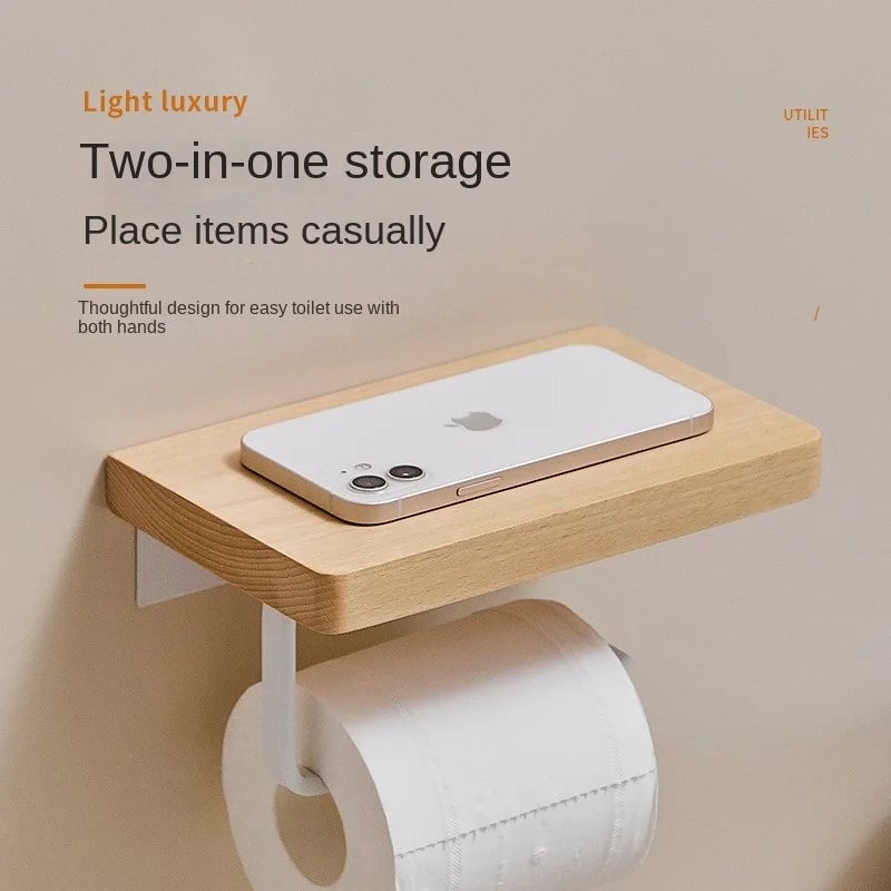 Beech Wood Toilet Paper Holder with Phone Storage Bathroom Organizer
