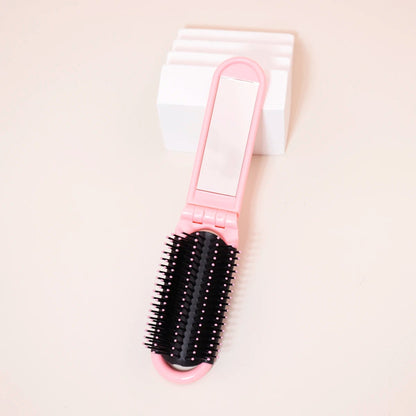 Folding Travel Mirror Hair Brush - Portable Mini Massage Wig Brush