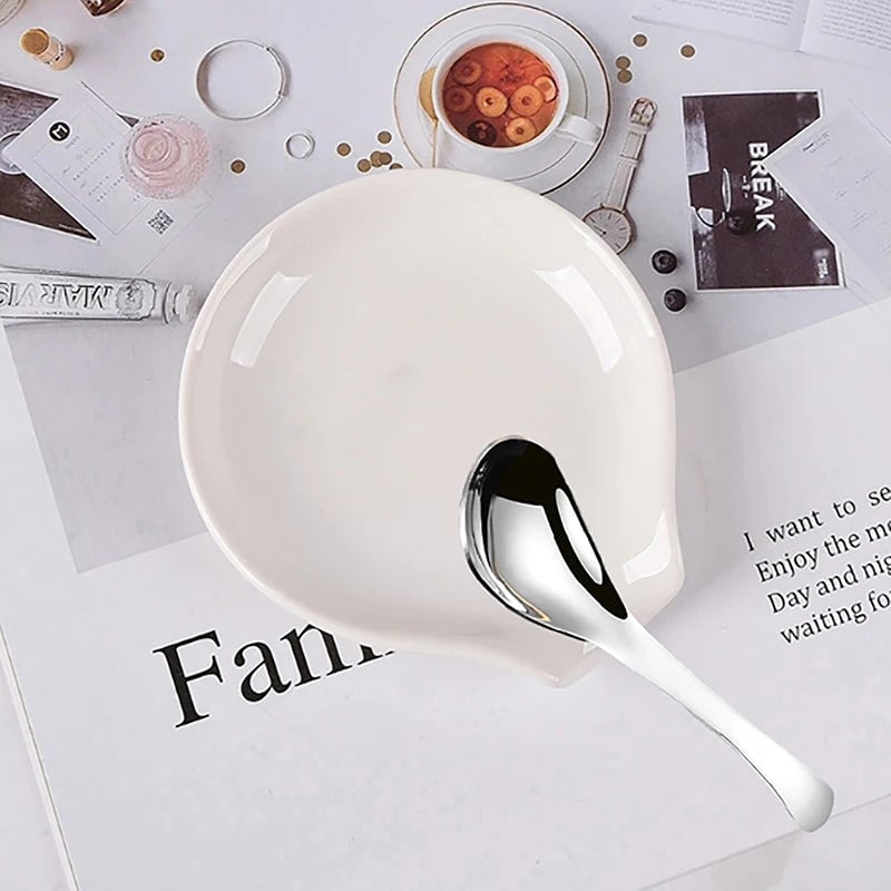 White Ceramic Spoon Rest - Multipurpose Kitchen Utensil Holder Pad