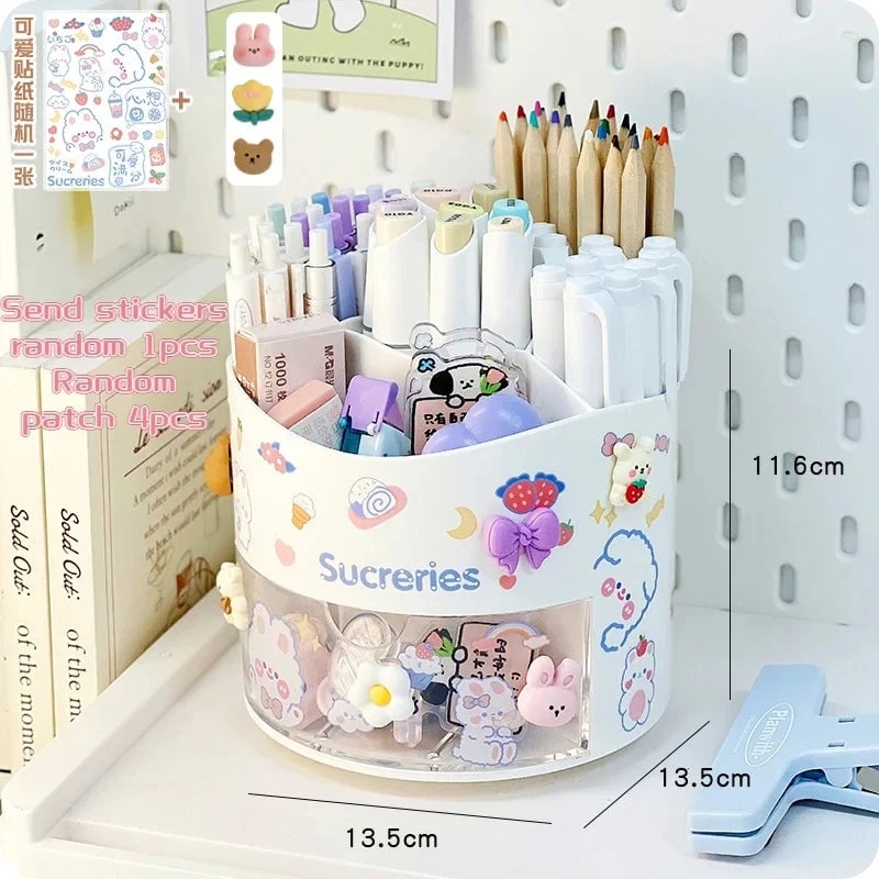 Rotating Desktop Pen Holder with Drawer - Kawaii Stationery Organizer