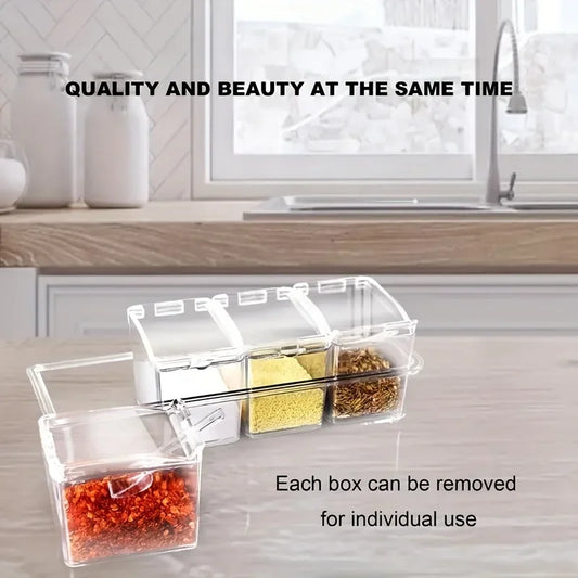 4-Compartment Transparent Seasoning Box with Spoon Lid Storage Base