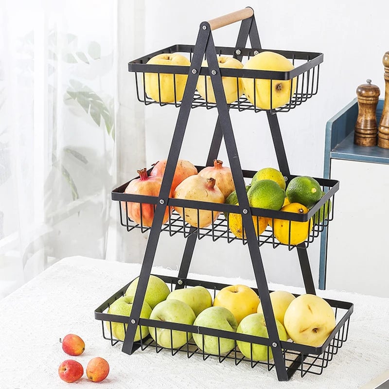 3-Tier Wire Mesh Fruit Storage Basket - Portable Kitchen Organizer