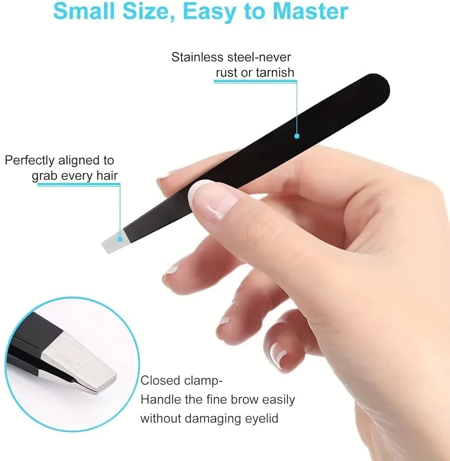 Slanted Stainless Steel Eyebrow Tweezers - Precision Fine Hair