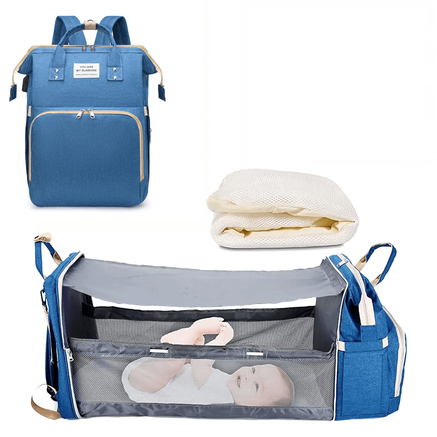 3-in-1 Diaper Bag Backpack with Foldable Baby Bed & USB Charging