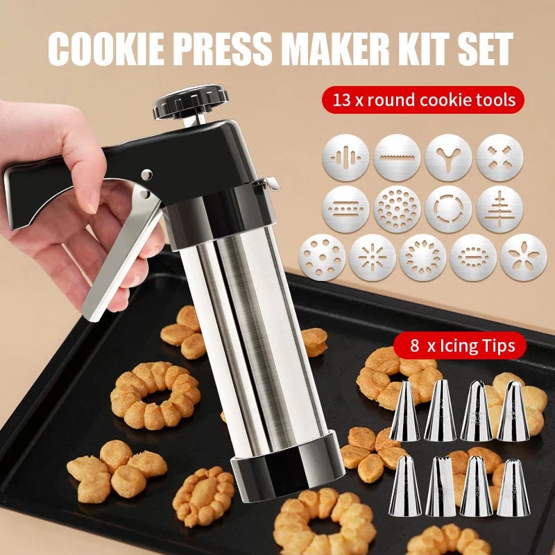 Stainless Steel Cookie Press Gun Kit 13 Discs 8 Icing Nozzles