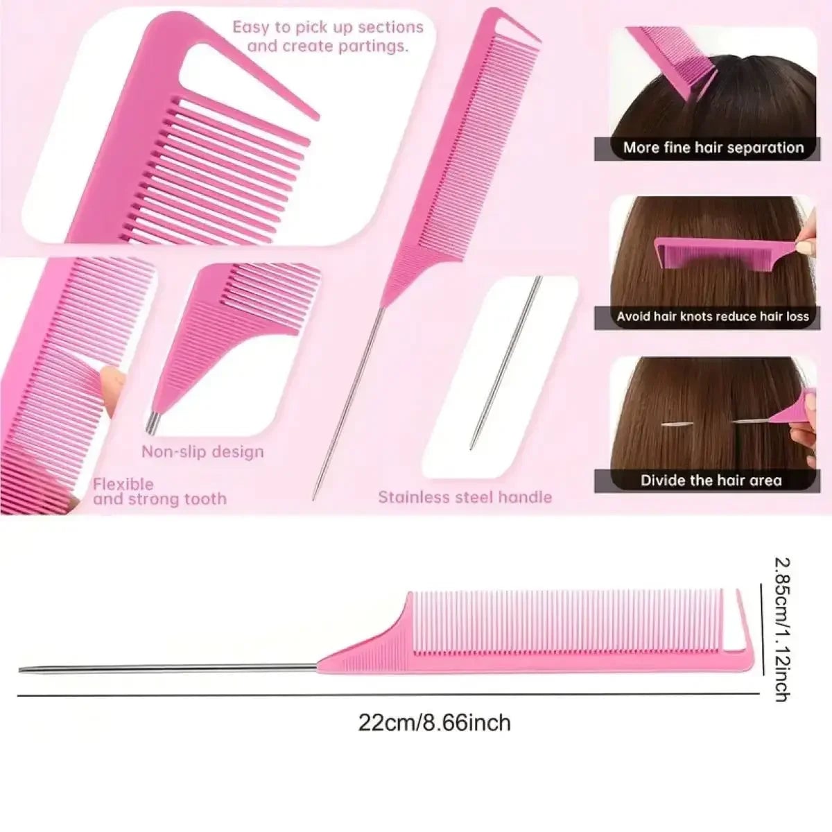 3-Piece Teasing Comb Set - Triple Rat Tail Hair Styling Tools