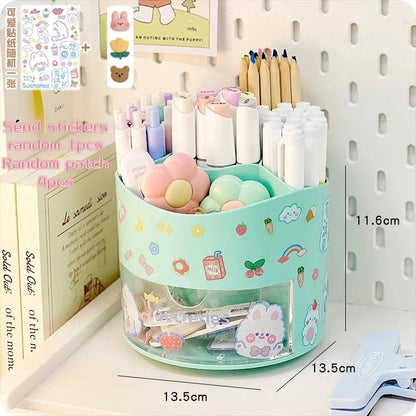 Rotating Desktop Pen Holder with Drawer - Kawaii Stationery Organizer