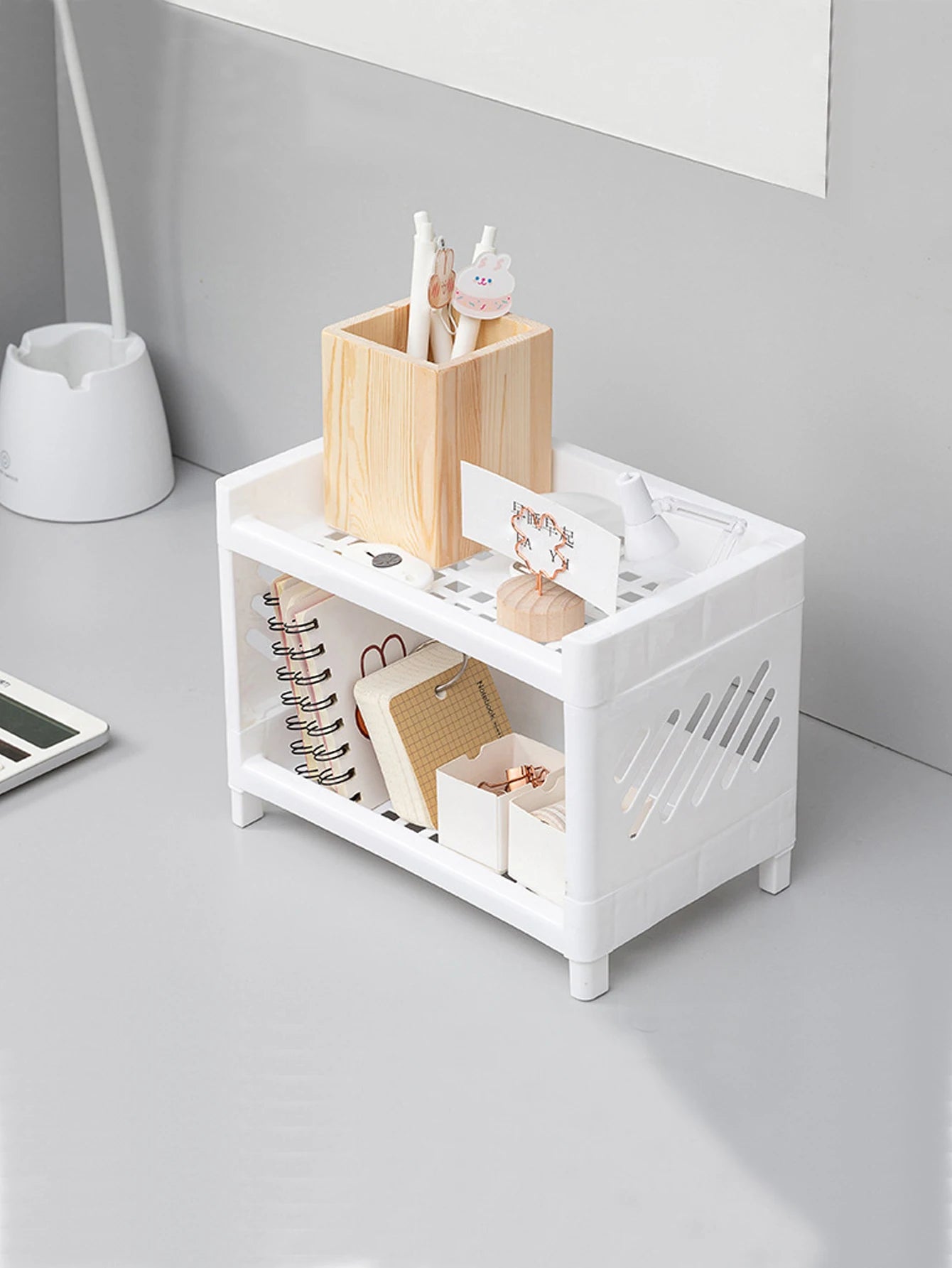 White Double Layer Desk Storage Rack - Office Cosmetics Organizer