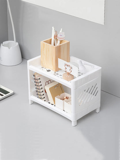 White Double Layer Desk Storage Rack - Office Cosmetics Organizer