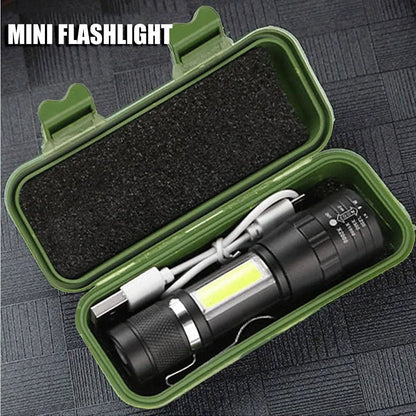 USB Rechargeable Mini Flashlight COB+XPE LED 3-Mode Zoomable Torch