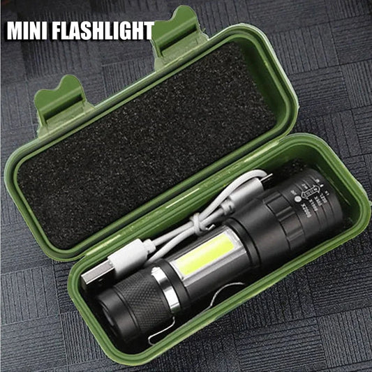 USB Rechargeable Mini Flashlight COB+XPE LED 3-Mode Zoomable Torch
