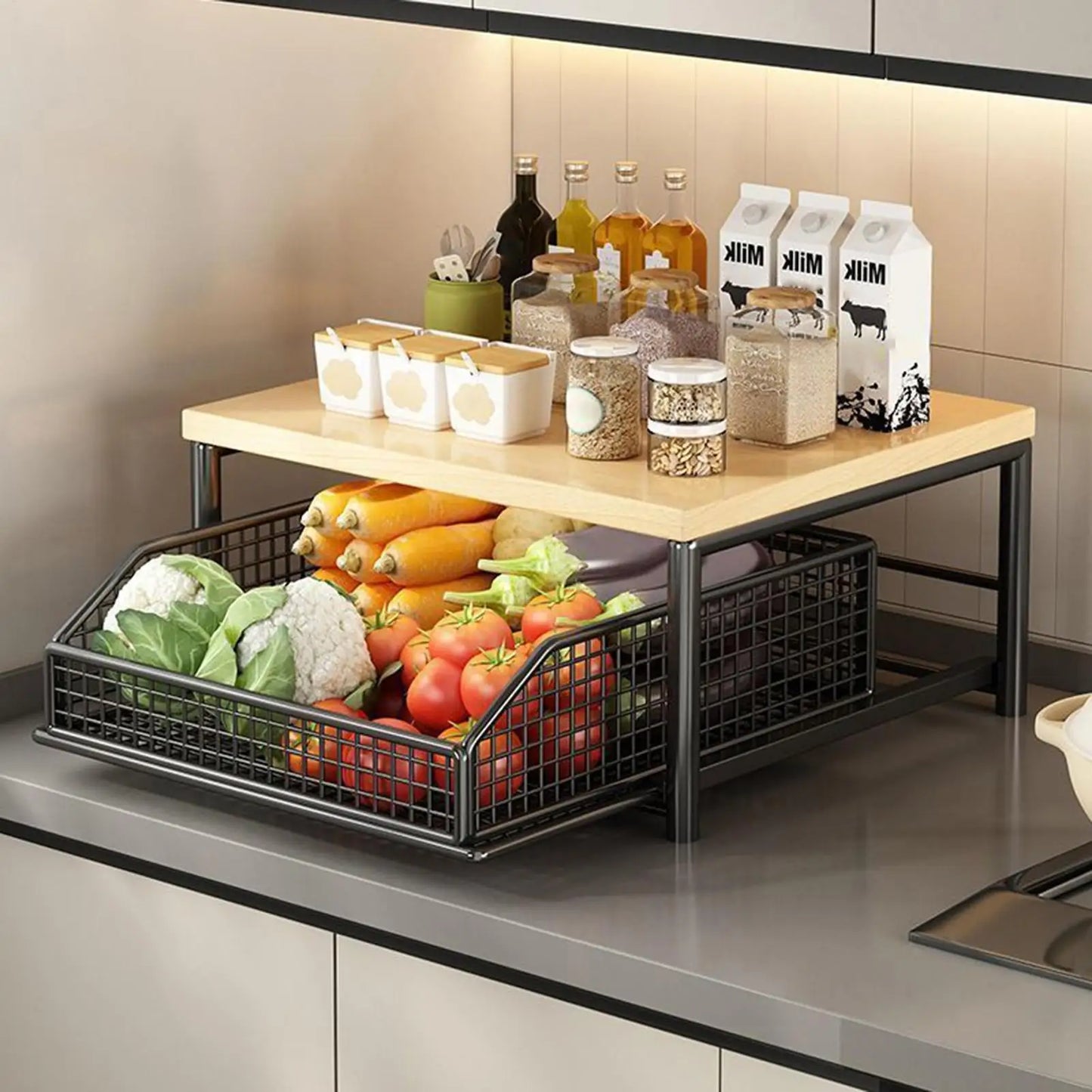Multi-Tier Kitchen Storage Rack with Drawer - Vegetable Organizer