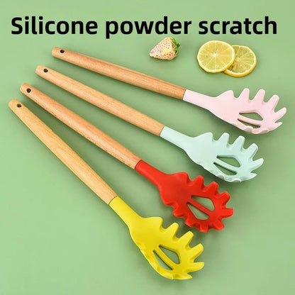 Wooden Handle Silicone Pasta Claw Non-Stick Spaghetti Strainer Tool