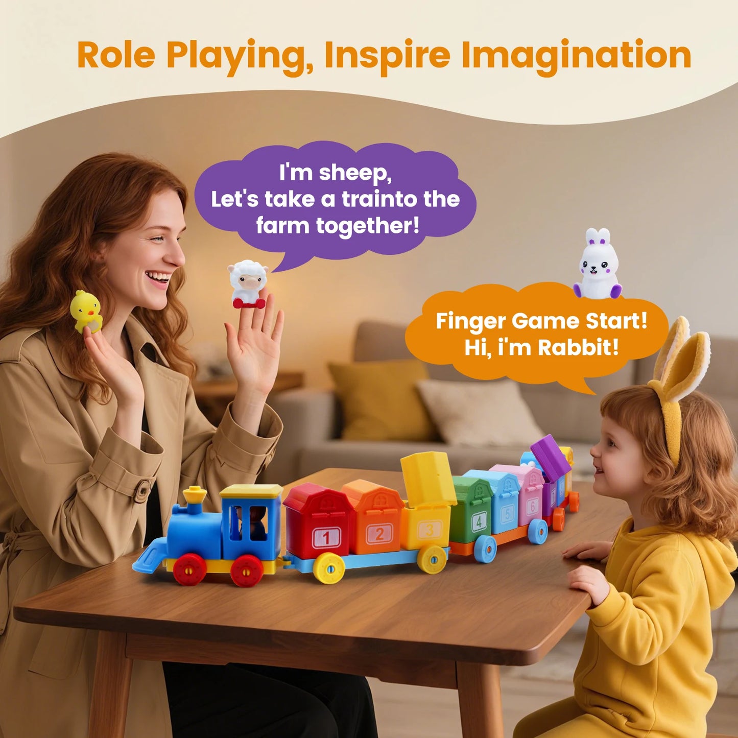 Montessori Farm Train Set - Counting Sorting Learning Toy Toddlers