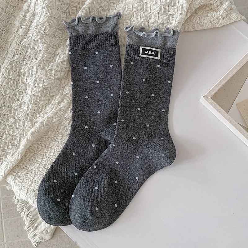 Cotton Frilly Dot Pattern Long Socks - Breathable Preppy Style