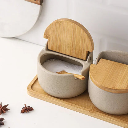 Japanese Ceramic Spice Jar with Bamboo Lid & Spoon - Kitchen Storage
