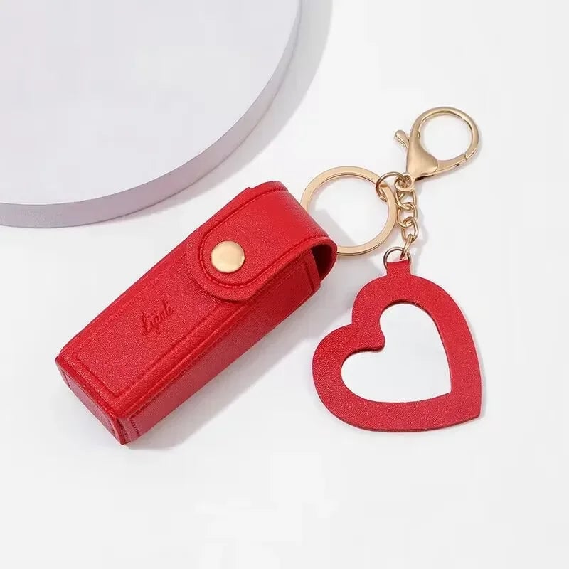 Leather Lipstick Pouch with Mirror & Keychain - Protective Makeup Bag