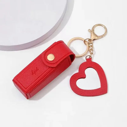 Leather Lipstick Pouch with Mirror & Keychain - Protective Makeup Bag
