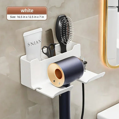 Wall Mount Hair Dryer Holder with Brush Storage Box Bathroom Organizer