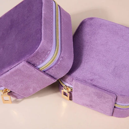 Velvet Travel Jewelry Box - Portable Square Organizer with Zipper