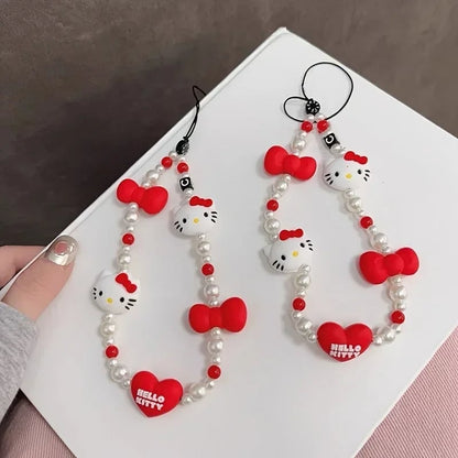 Hello Kitty Love Bow Mobile Phone Chain Beaded Lanyard Kawaii Charm