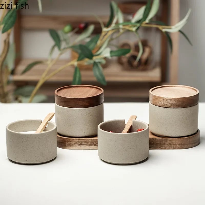 Round Ceramic Spice Jar with Wooden Lid - Salt Pepper Storage