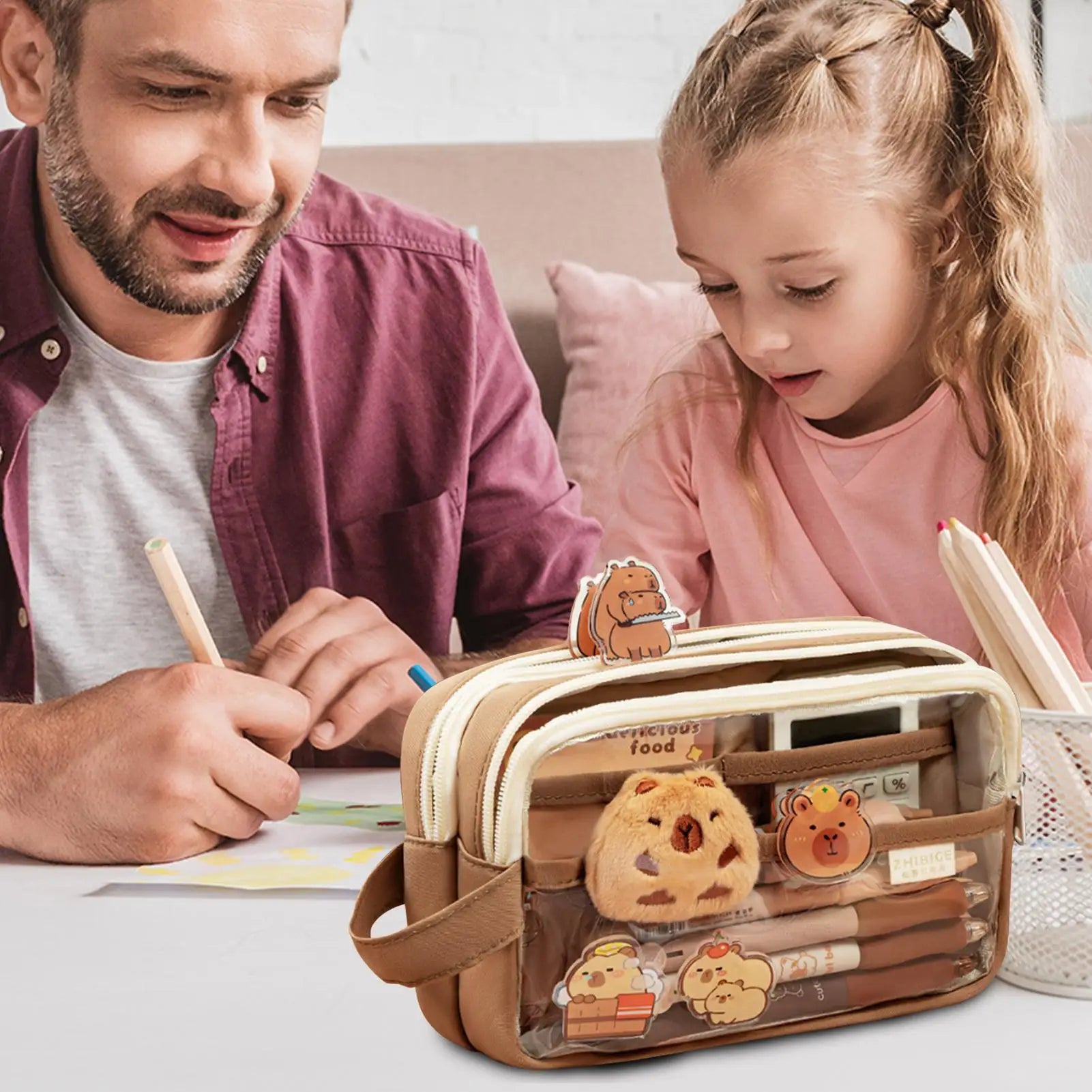 Layered Capybara Canvas Pencil Case Set - Multi-Compartment with Doll