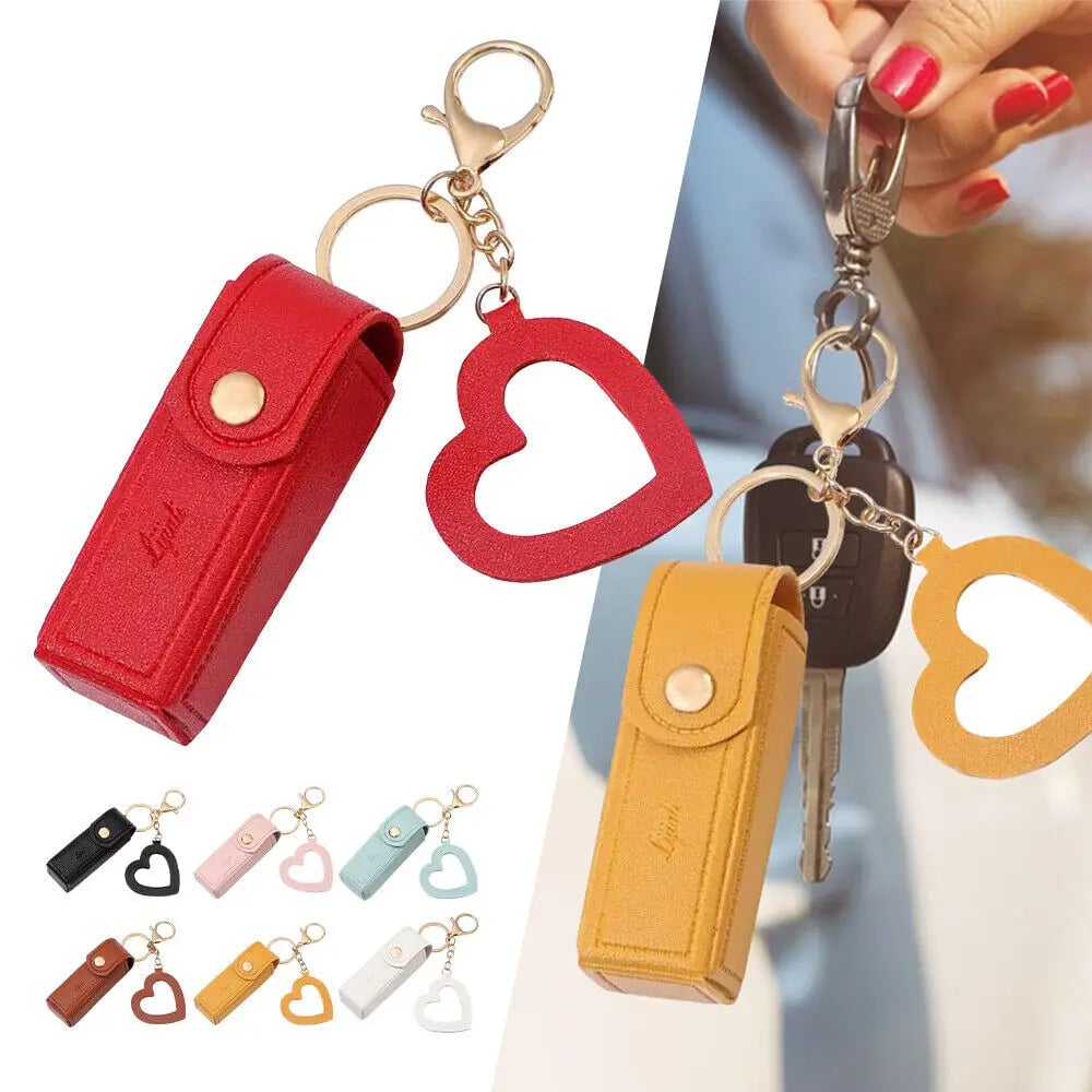 Leather Lipstick Pouch with Mirror & Keychain - Protective Makeup Bag