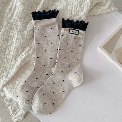 Cotton Frilly Dot Pattern Long Socks - Breathable Preppy Style