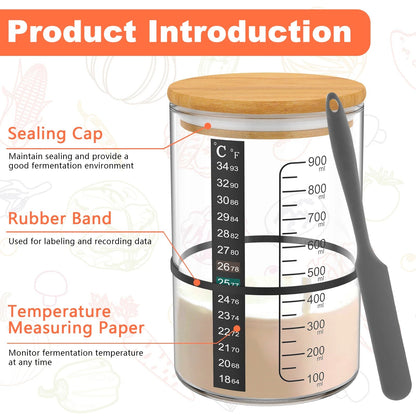 Glass Sourdough Starter Jar Kit - Fermentation Container with Lid