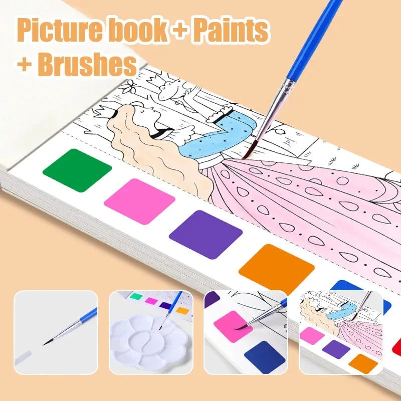 12-Sheet Portable Watercolor Book with Brush - Kids Art Set
